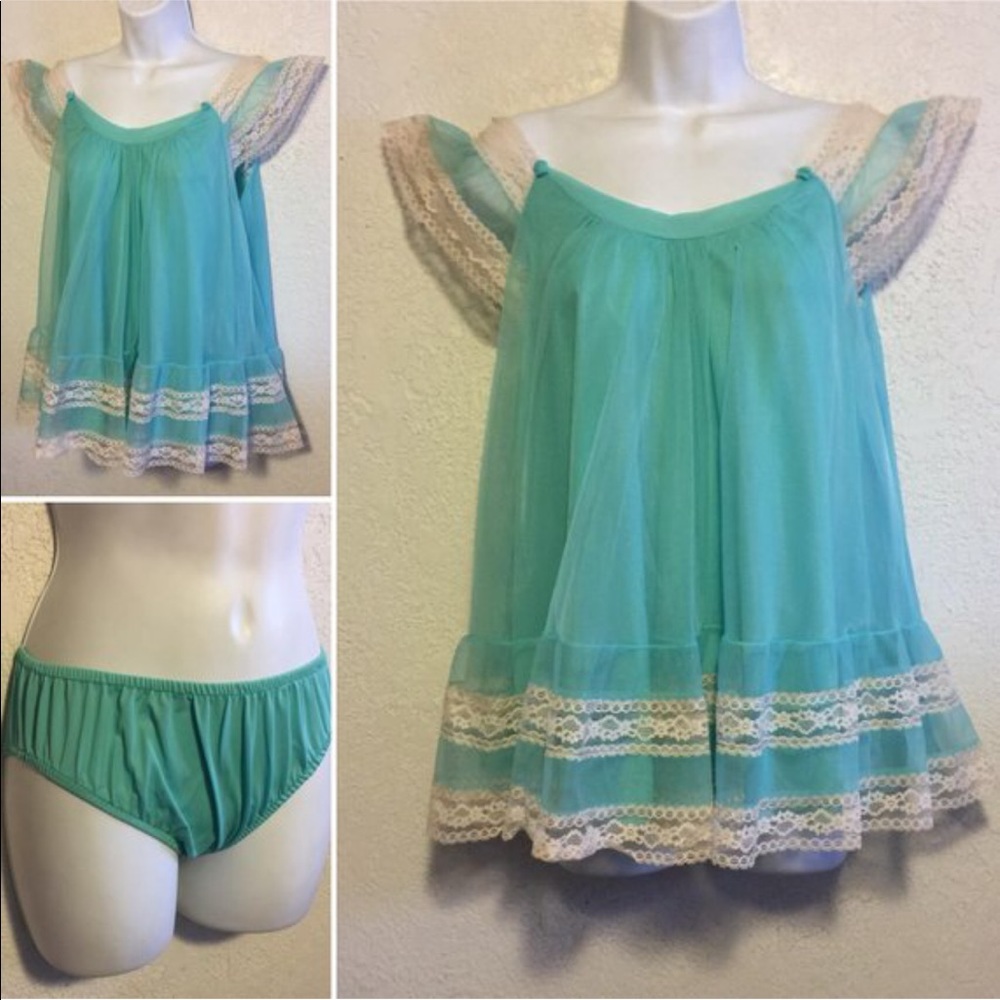 Vtg 1960s Aqua Nylon Nightgown & Panties Set